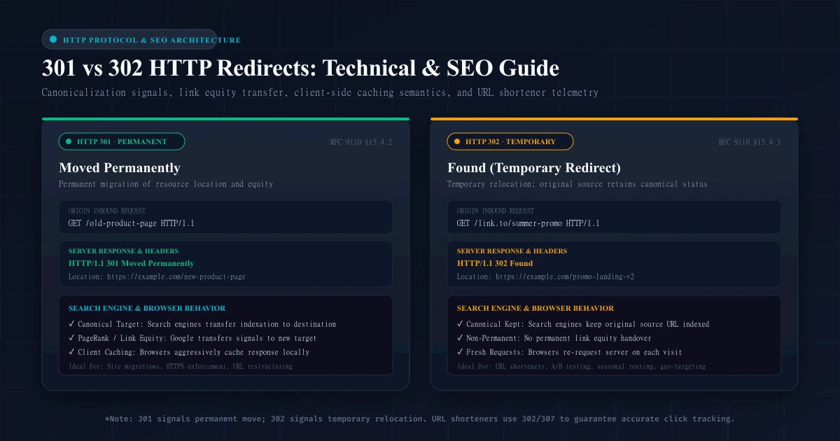 Comparison of HTTP 301 and 302 redirect architecture, caching, and SEO link equity transfer