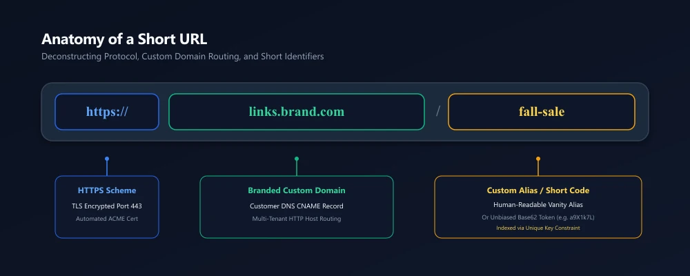 Anatomy of a short URL showing the HTTPS scheme, branded domain, and custom alias