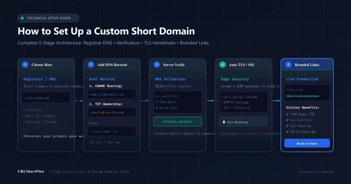 Architecture diagram showing custom short domain setup flow from registrar DNS through domain verification to branded short links