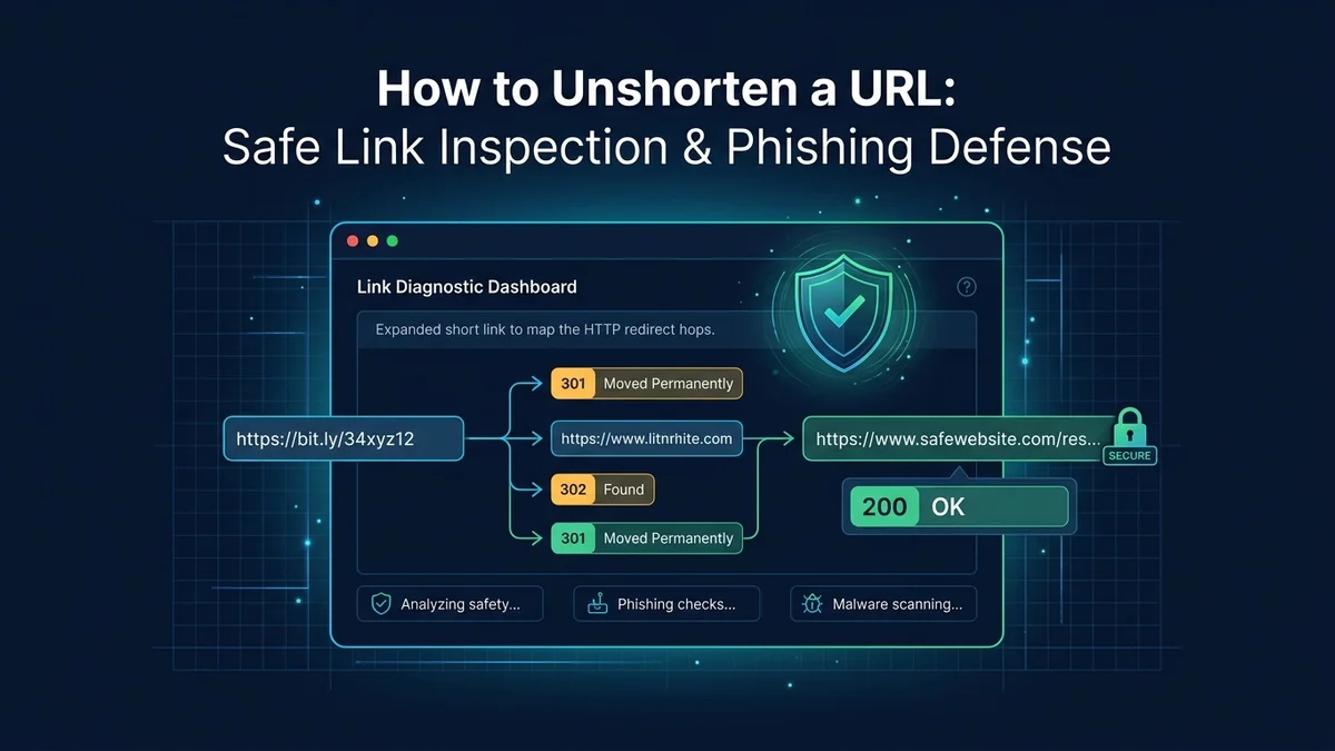 Educational diagram demonstrating how to unshorten URLs safely and trace HTTP redirect chains