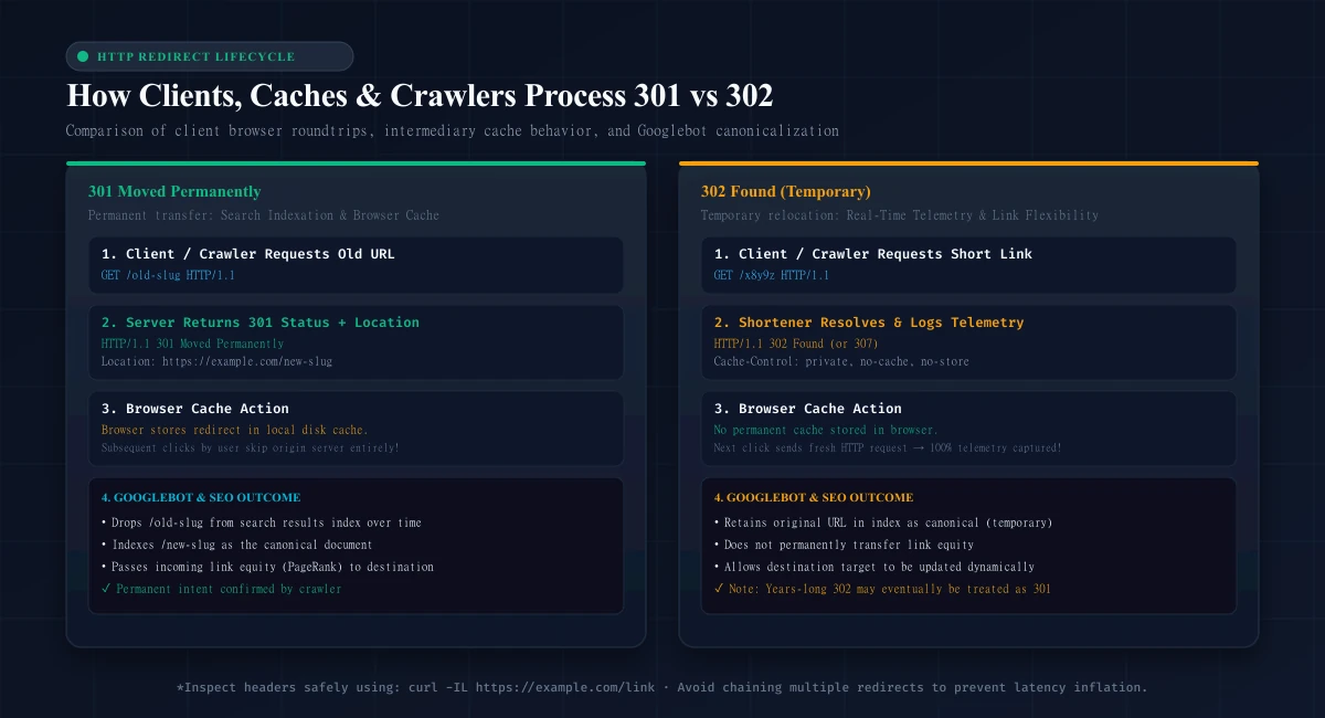 HTTP 301 vs 302 Lifecycle and Processing Comparison