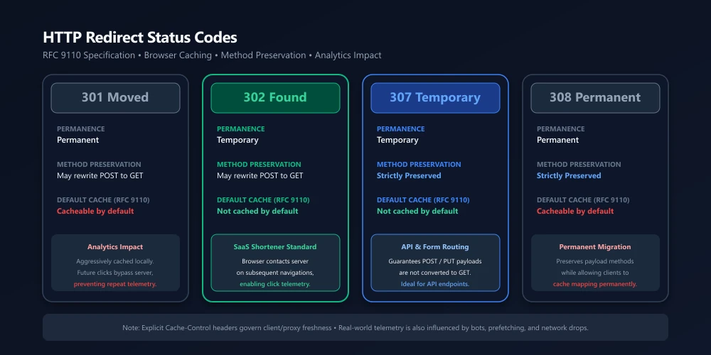 Comparison of HTTP 301, 302, 307, and 308 redirects, including permanence, caching, and HTTP method behavior