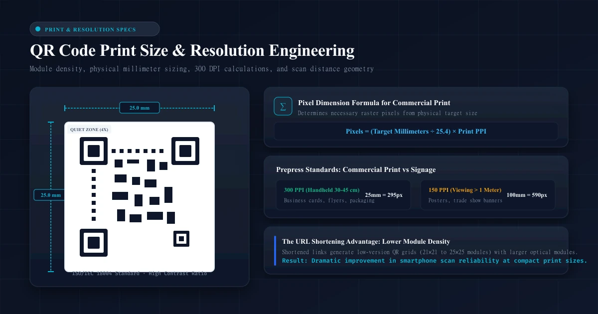 Technical guide to QR code print size, resolution calculations, quiet zones, and scanning distance